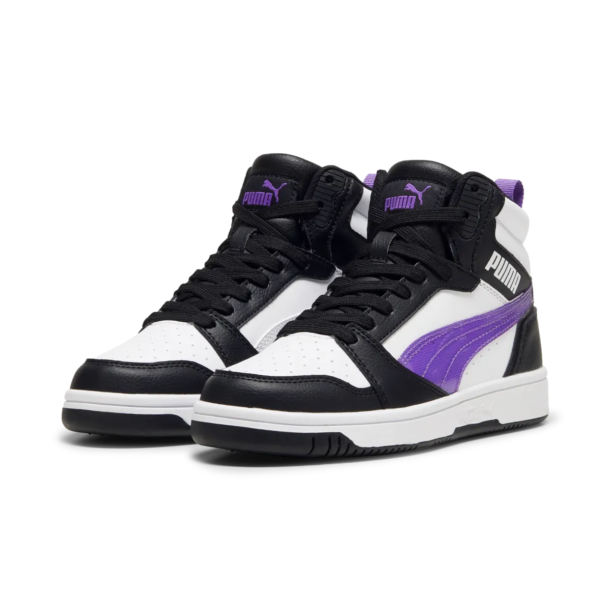 Sneakers alte bianche da ragazza con dettagli viola e neri Puma Rebound v6 Mid Deep Dive Jr
