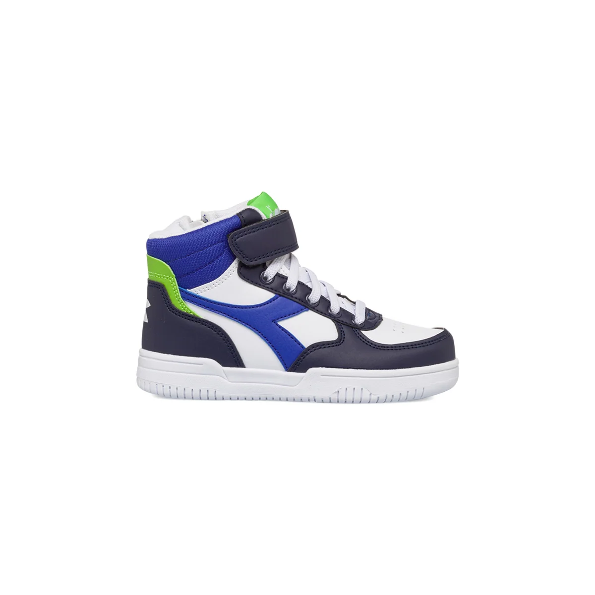 Sneakers alte bianche e blu da bambino con doppio velcro e zip Diadora Raptor MID PS
