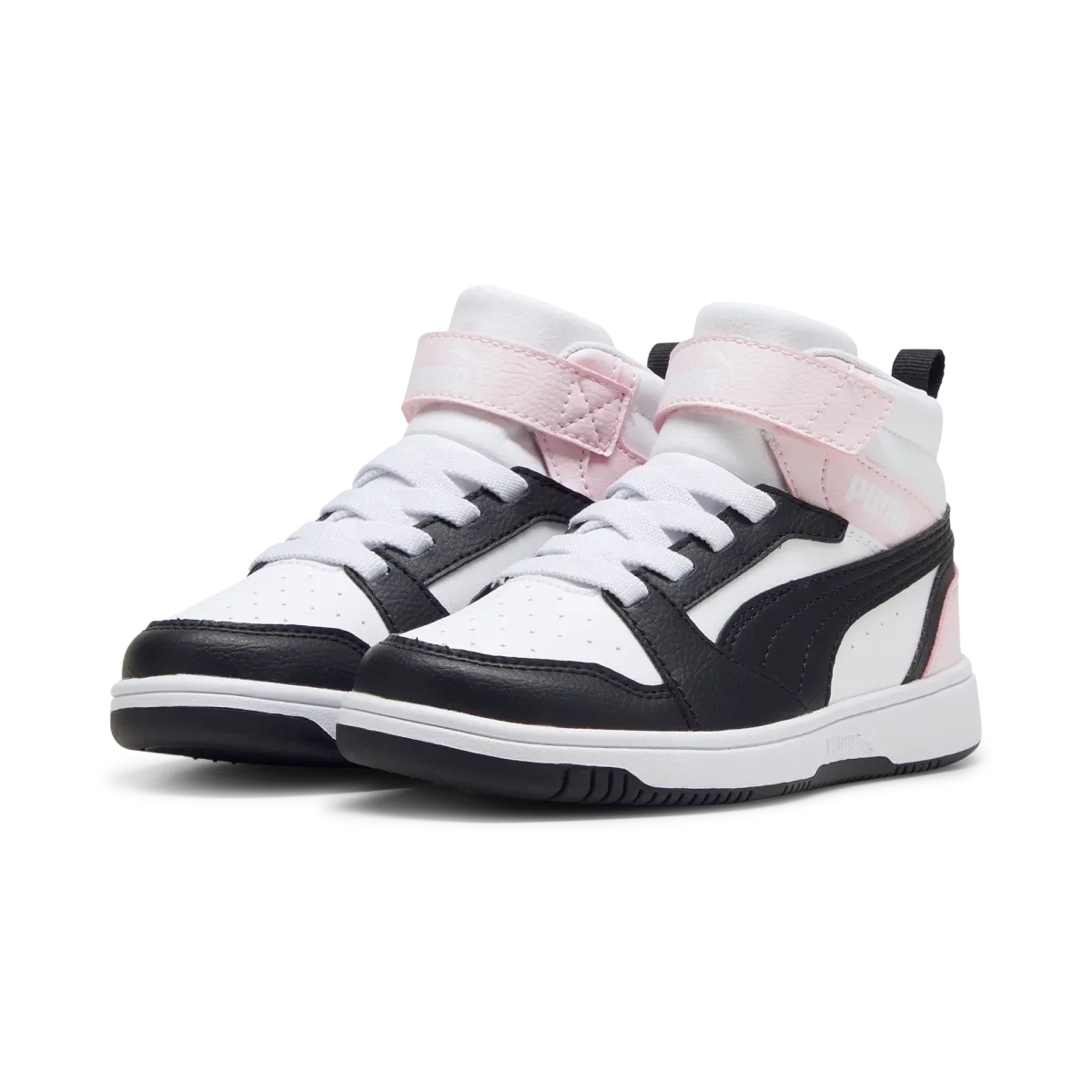 Sneakers alte bianche e nere da bambina con dettagli rosa Puma Rebound v6 Mid AC+ PS