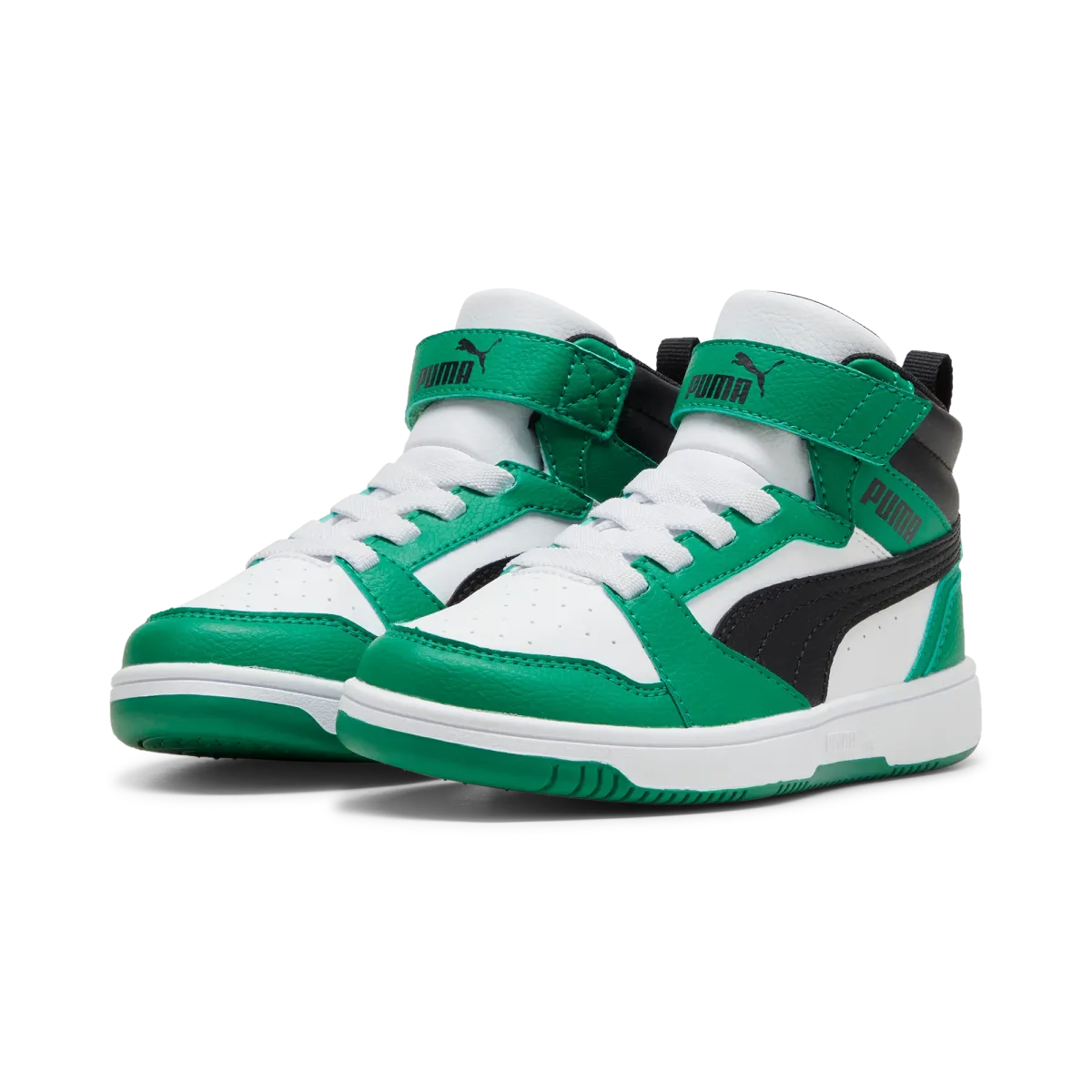 Sneakers alte bianche e nere da bambino con dettagli verdi Puma Rebound v6 Mid AC+ PS