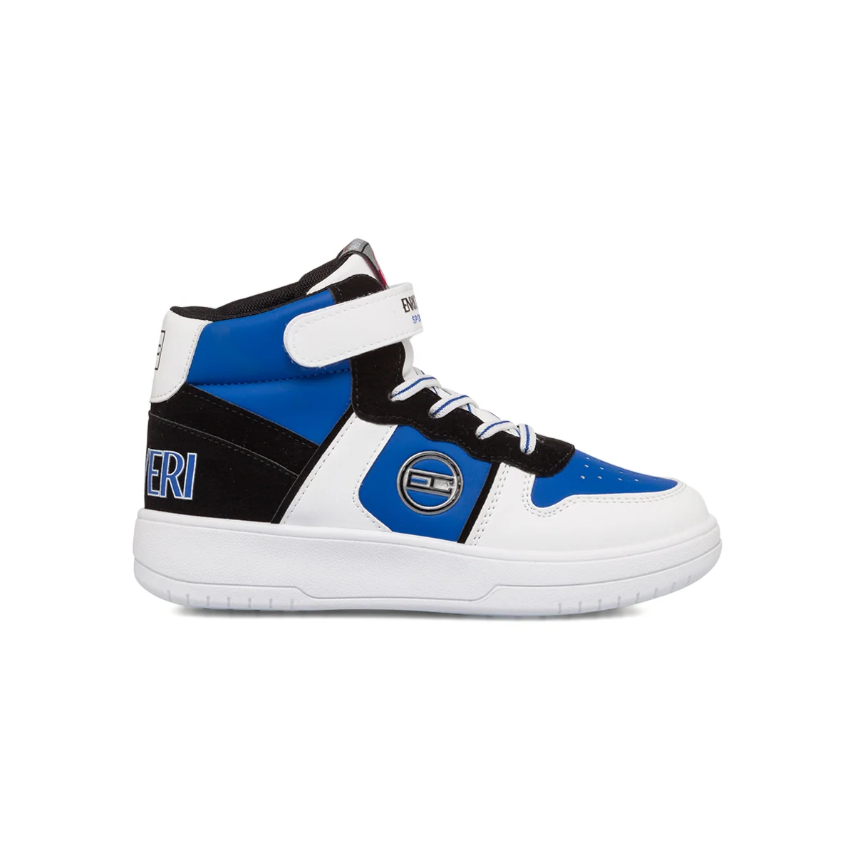 Sneakers alte bianche, nere e blu da bambino con logo laterale Enrico Coveri