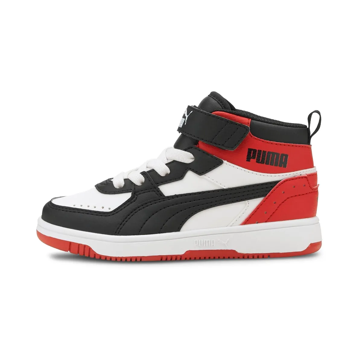 Sneakers alte bianche, nere e rosse da bambino Puma Rebound JOY AC PS
