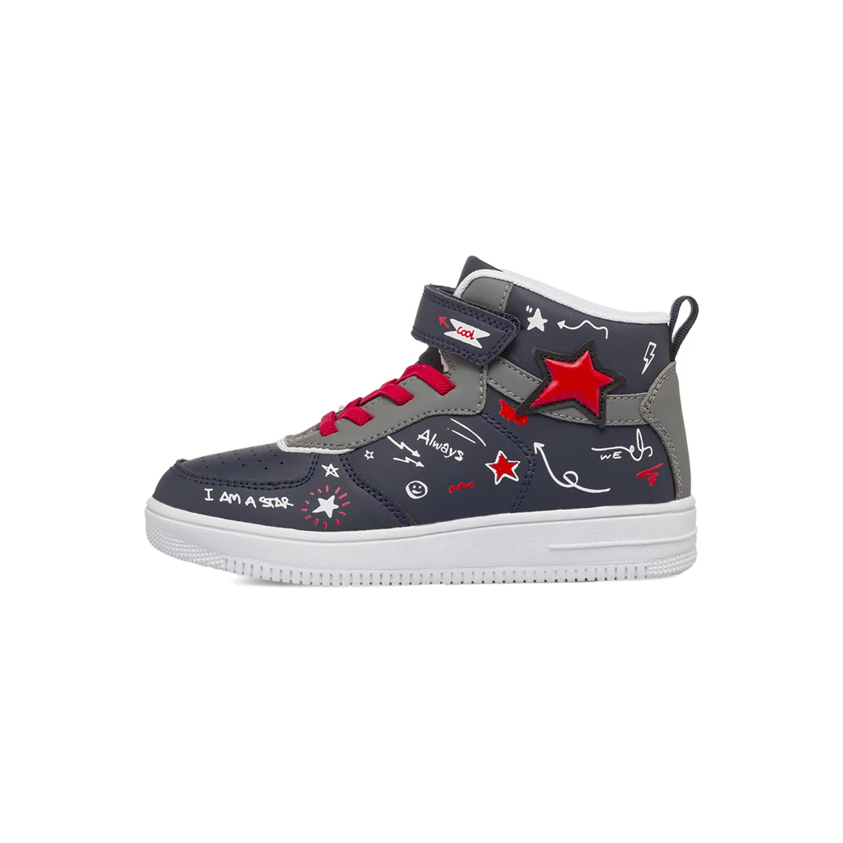 Sneakers alte blu con strappo e stampe rosse Space Boy