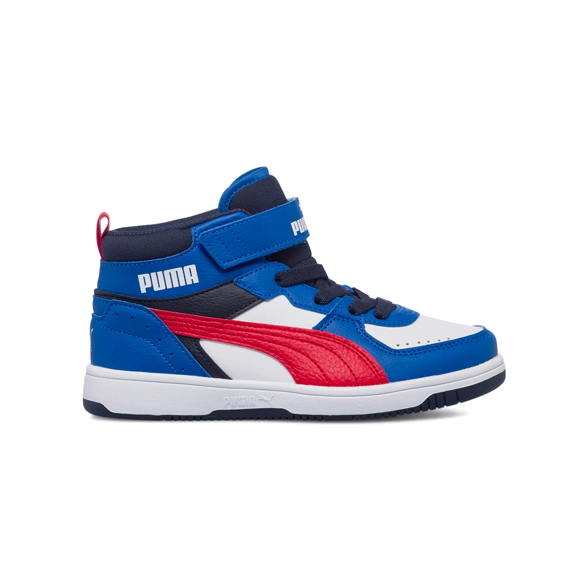 Sneakers alte blu e bianche da bambino con logo laterale Puma Rebound Joy Blocked AC PS
