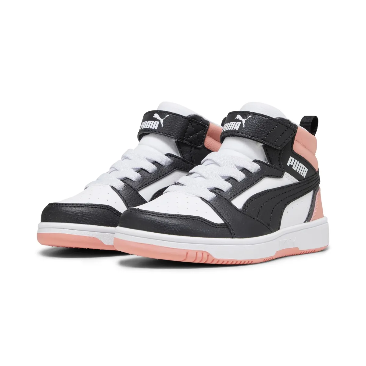 Sneakers alte da bambina bianche con dettagli neri e rosa Puma Rebound V6