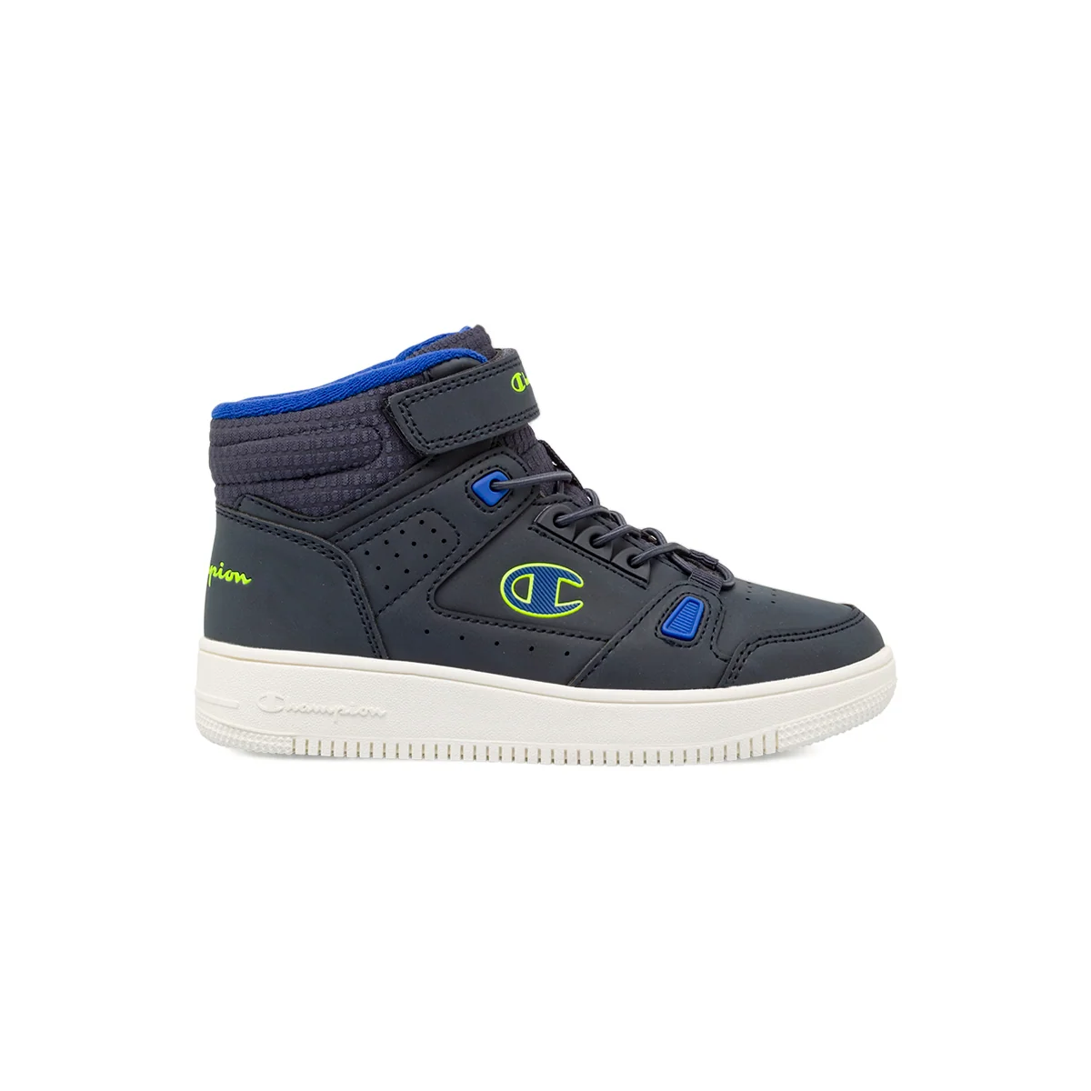 Sneakers alte da bambino blu Champion con dettagli neon e strappo