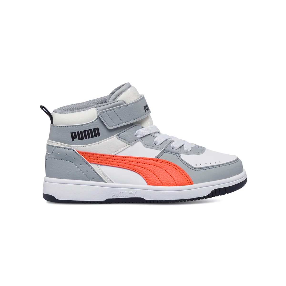 Sneakers alte grigie e bianche da bambino con logo laterale Puma Rebound Joy Blocked AC PS