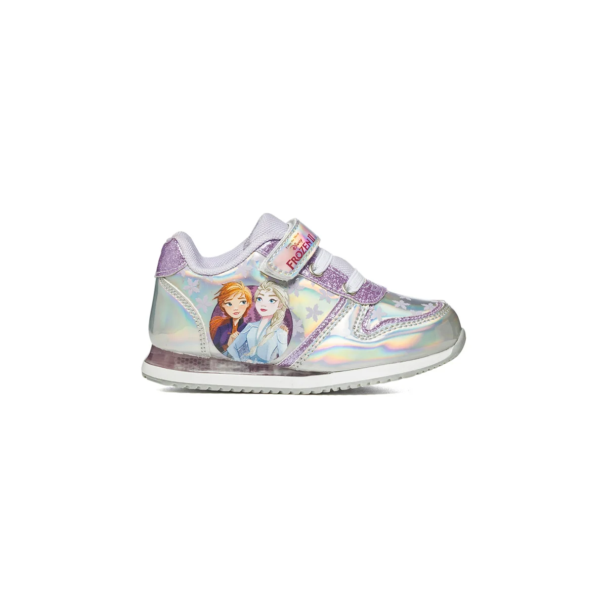Sneakers argento effetto laminato e lilla con stampa Frozen