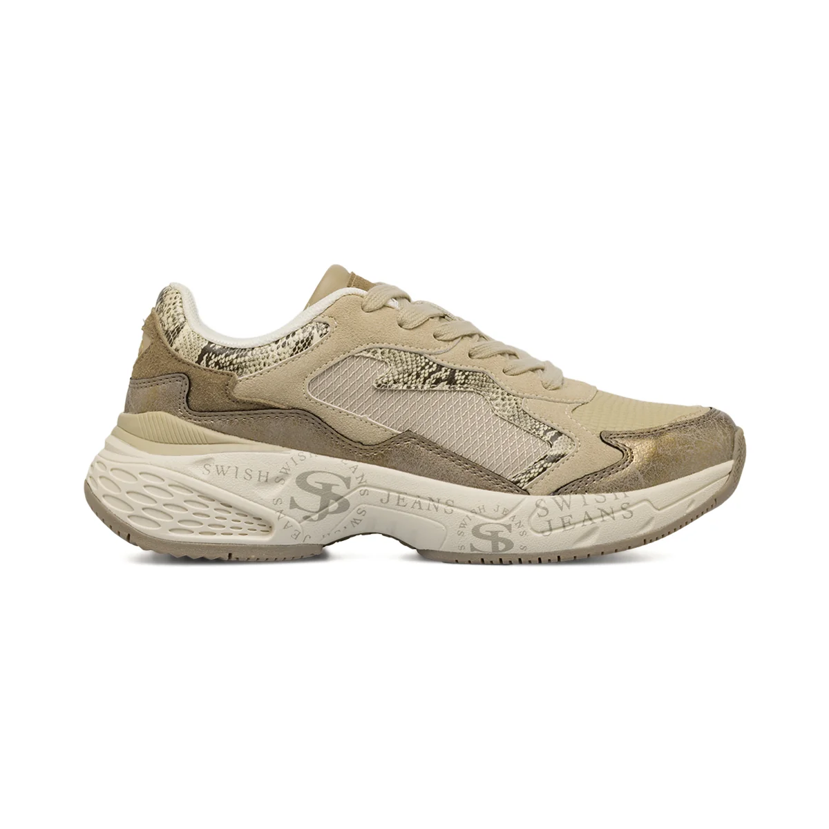 Sneakers Beige da Donna con inserti effetto pitonato Swish Jeans