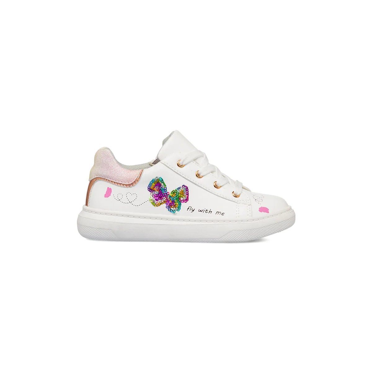 Sneakers bianche da bambina con dettagli glitter e farfalla con paillettes Le scarpe di Alice