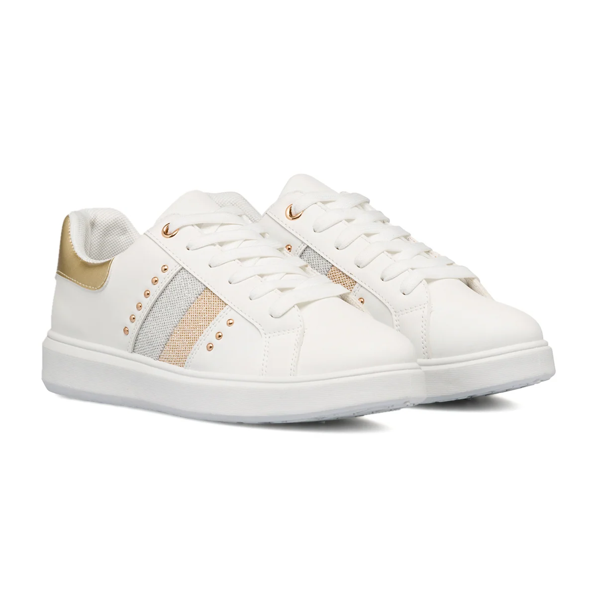 Sneakers bianche da donna con borchie color oro e dettagli glitter laterali Lora Ferres