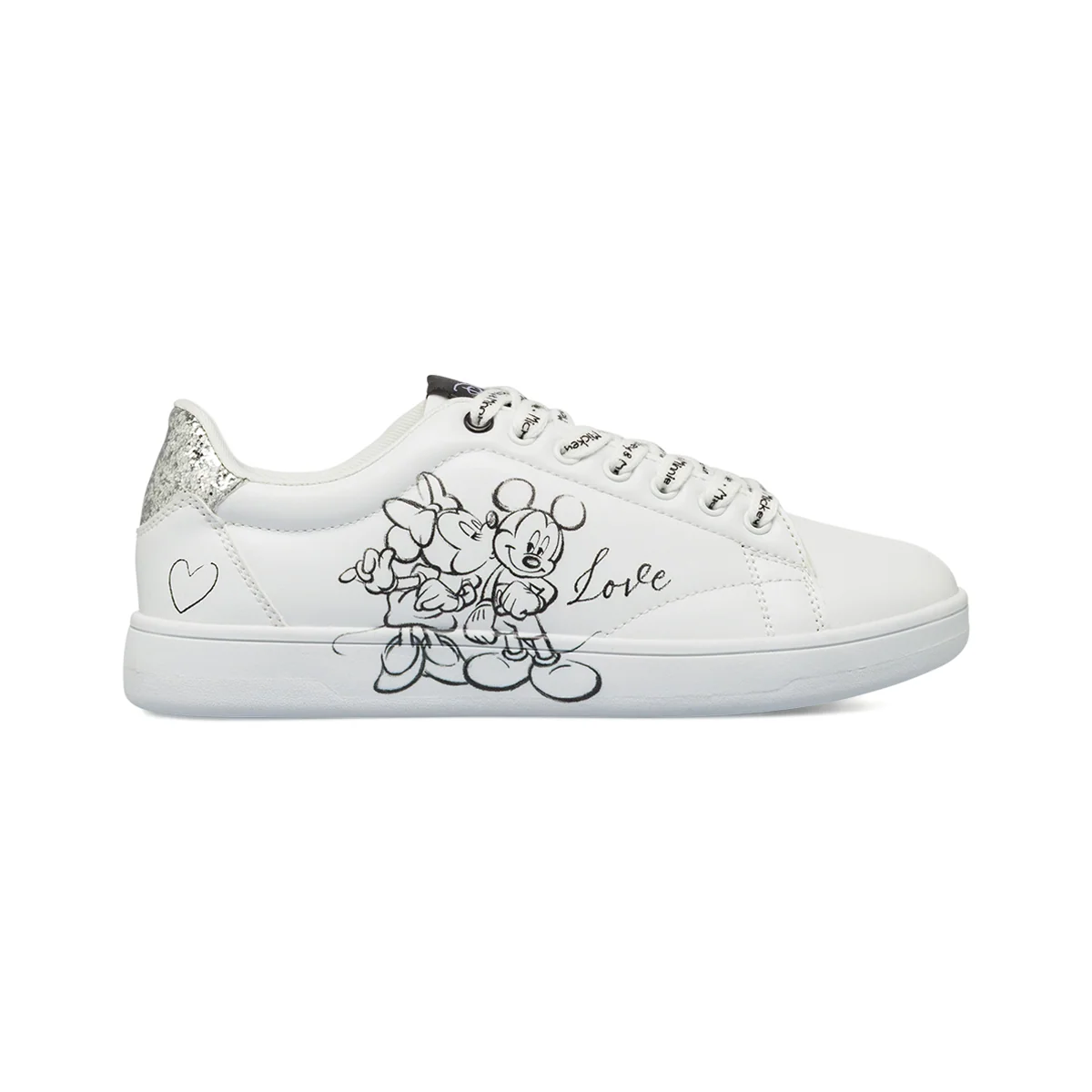 Sneakers bianche da Donna con stampa Mickey & Minnie e glitter argento