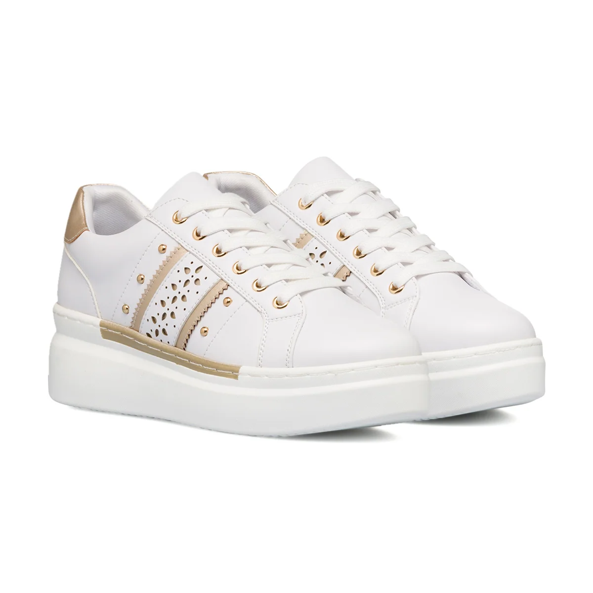 Sneakers bianche da donna Lora Ferres con borchie e dettagli oro Lora Ferres