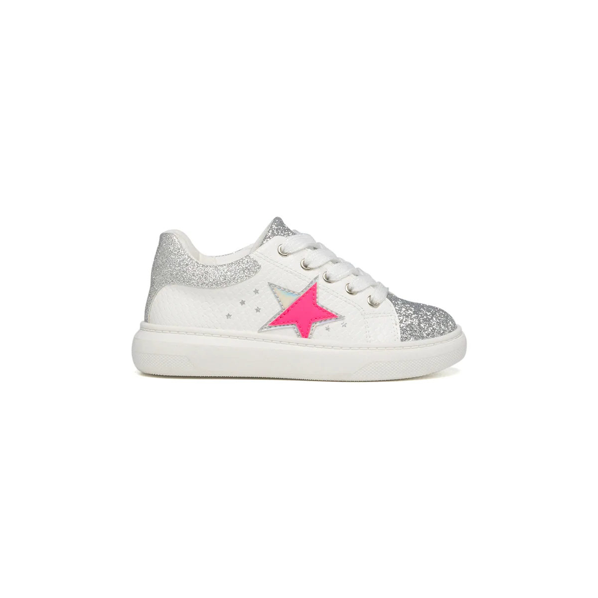 Sneakers bianche e argento effetto glitterato con stella fucsia Le scarpe di Alice