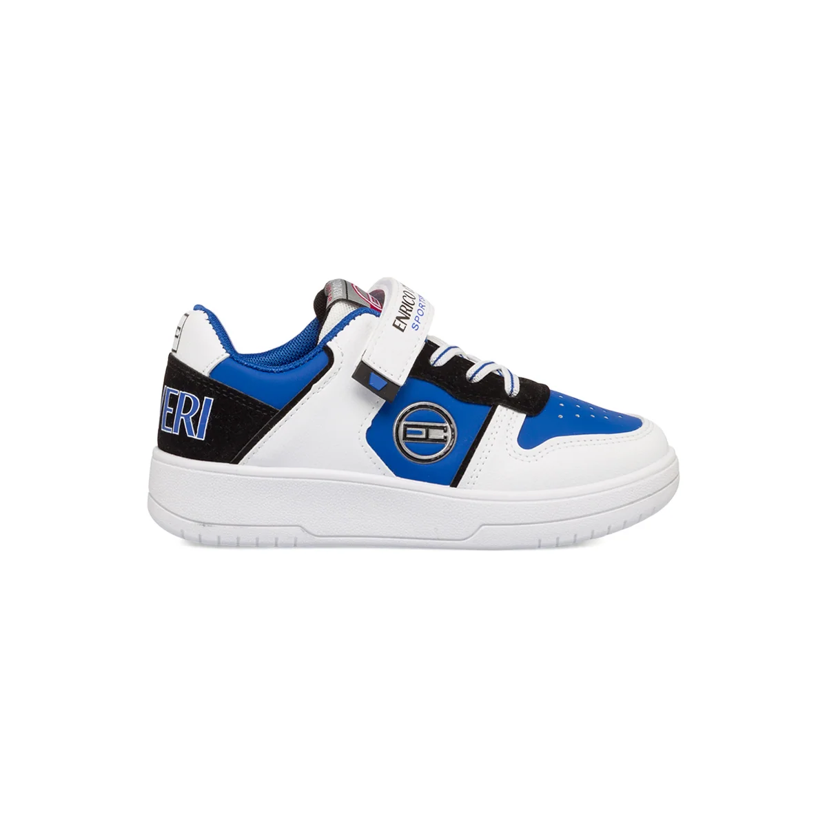 Sneakers bianche, nere e blu da bambino con logo laterale Enrico Coveri