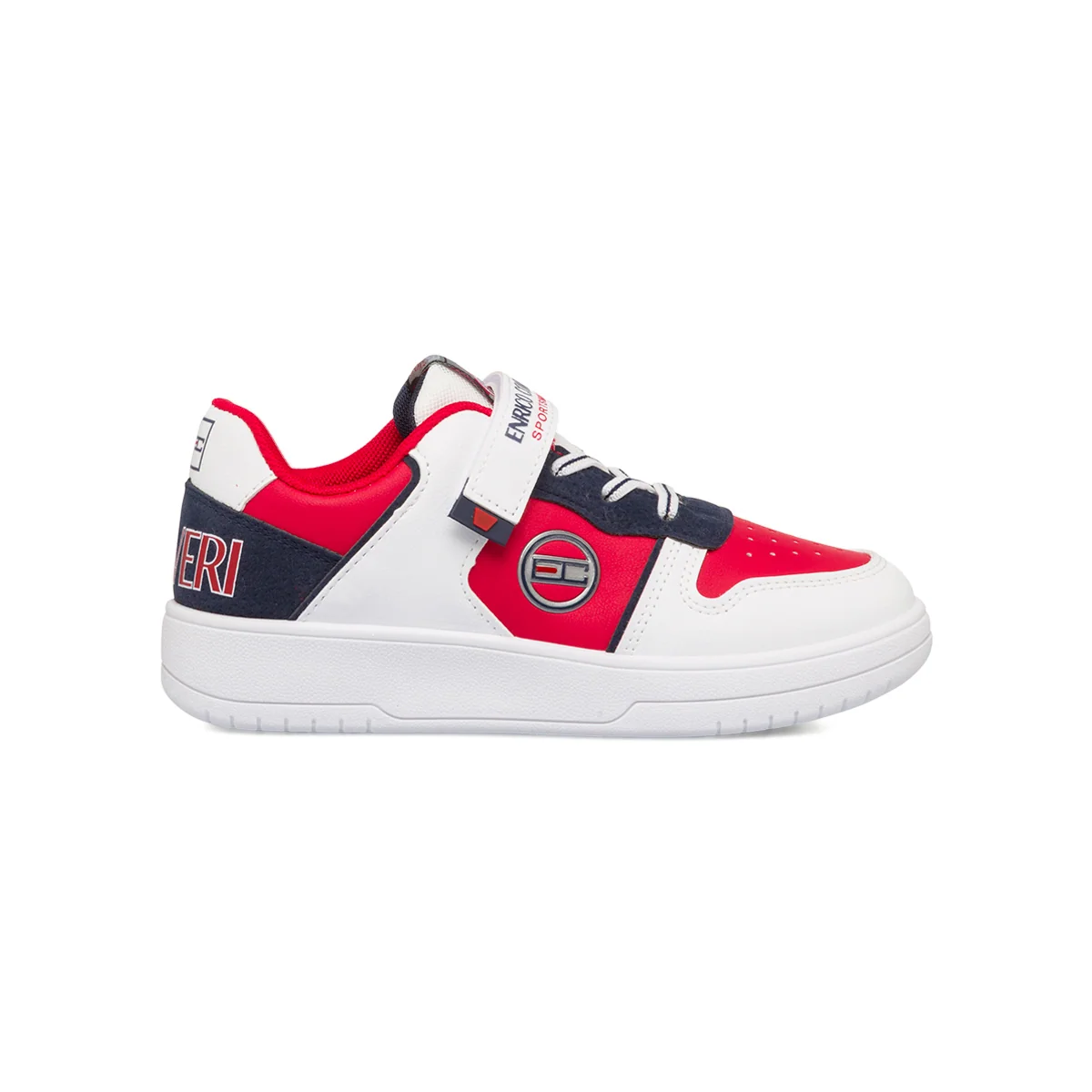 Sneakers bianche, rosse e blu da bambino con logo laterale Enrico Coveri