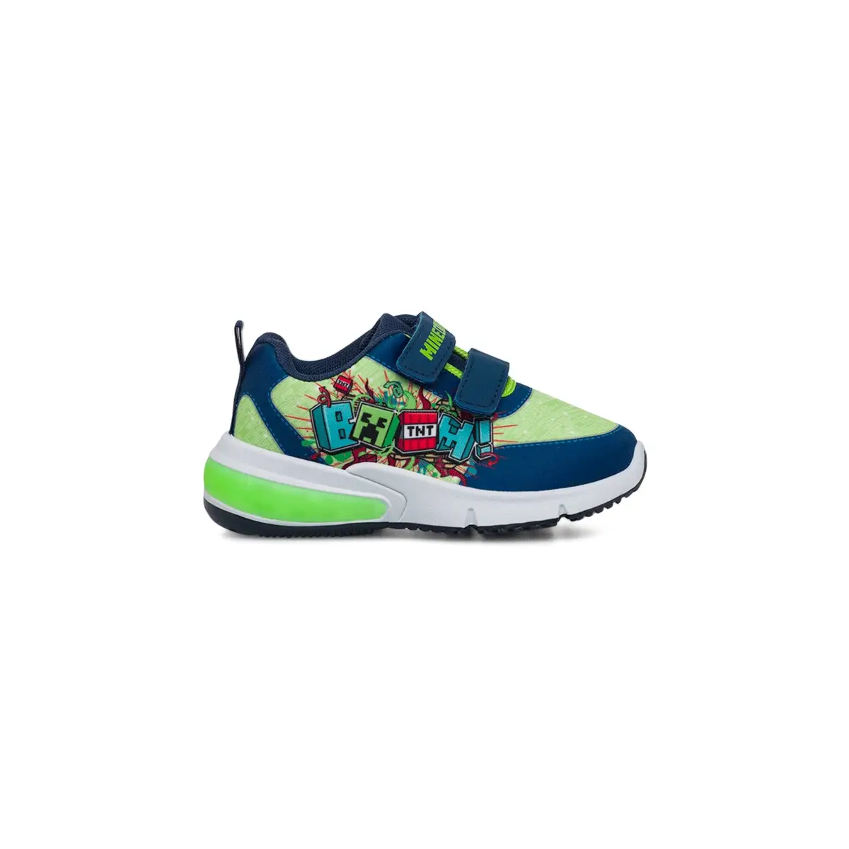 Sneakers blu e verdi da bambino con luci nella suola e logo Minecraft
