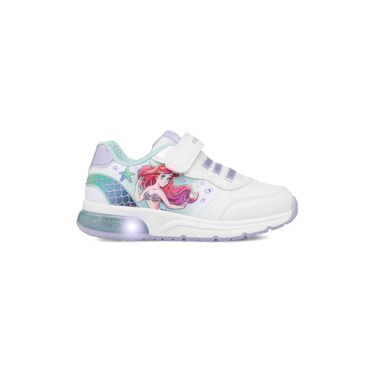 Sneakers da bambina bianche con luci nella suola e stampa La Sirenetta Geox Spaceclub