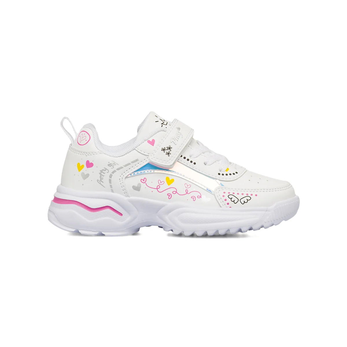 Sneakers da bambina bianche Primigi con disegni colorati e inserto iridescente