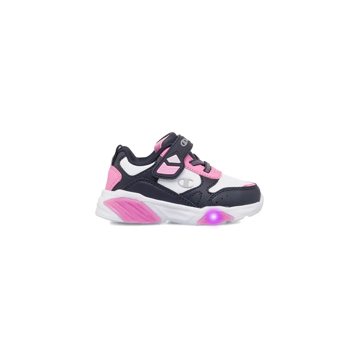 Sneakers da bambina primi passi rosa e nere con luci nella suola Champion Wave