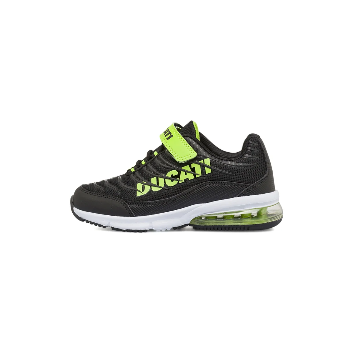 Sneakers da bambino nere con strappo e dettagli lime fluo Ducati
