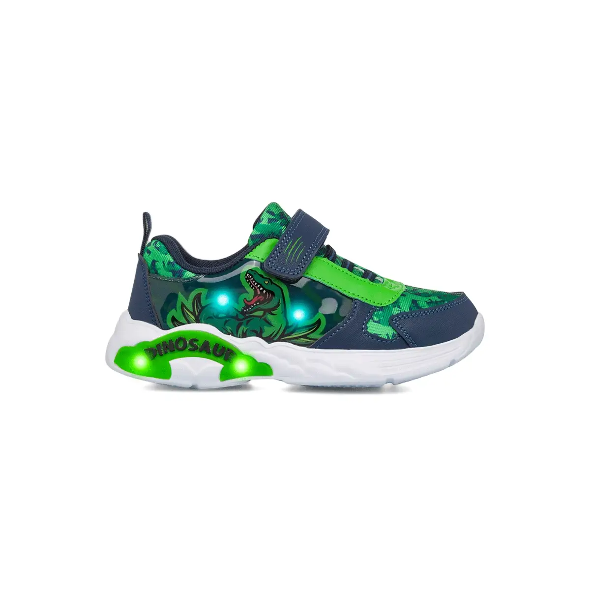 Sneakers da bambino verdi e blu con luci nella suola Dinosauri