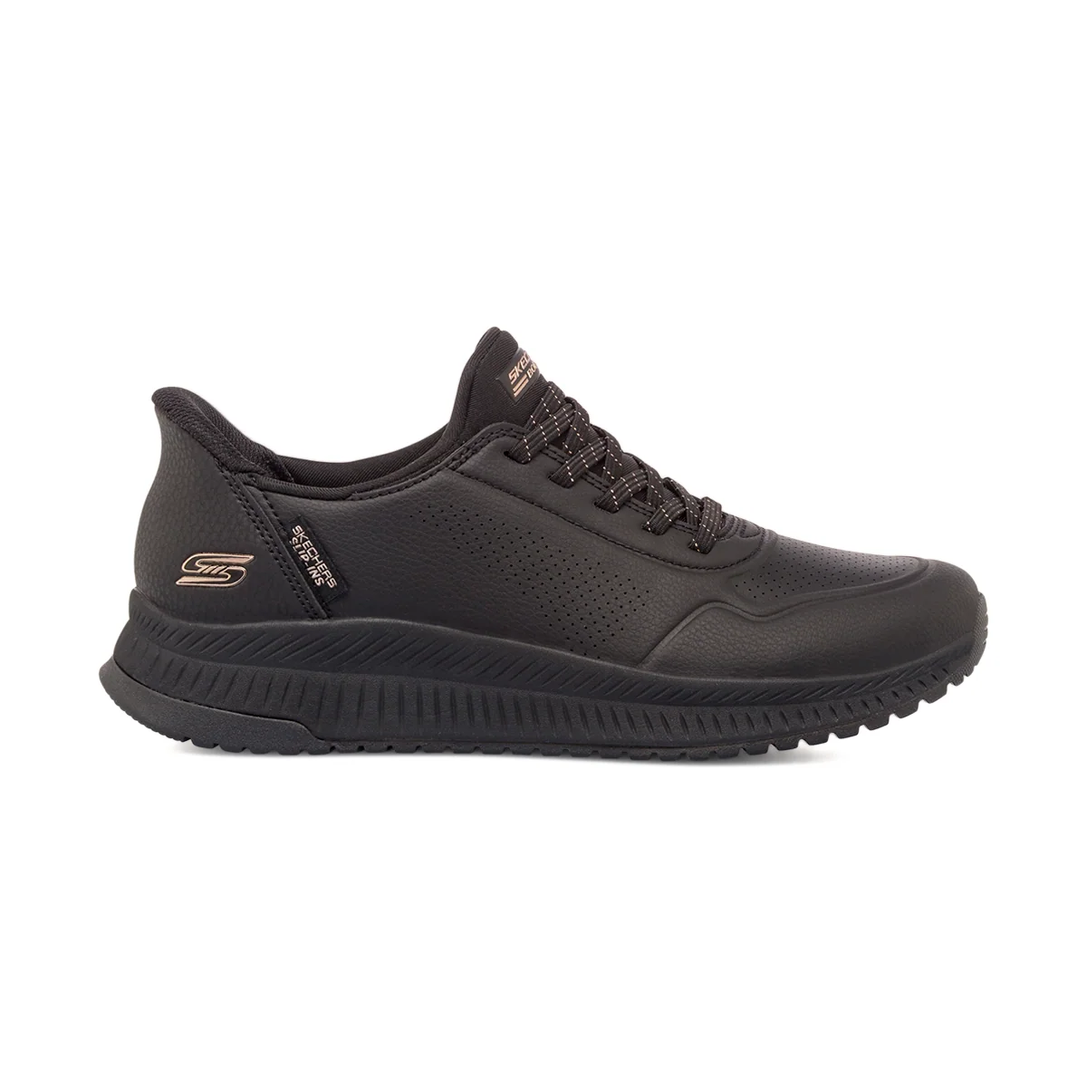 Sneakers da donna nere con dettagli oro rosa Skechers BOBS Slip-Ins