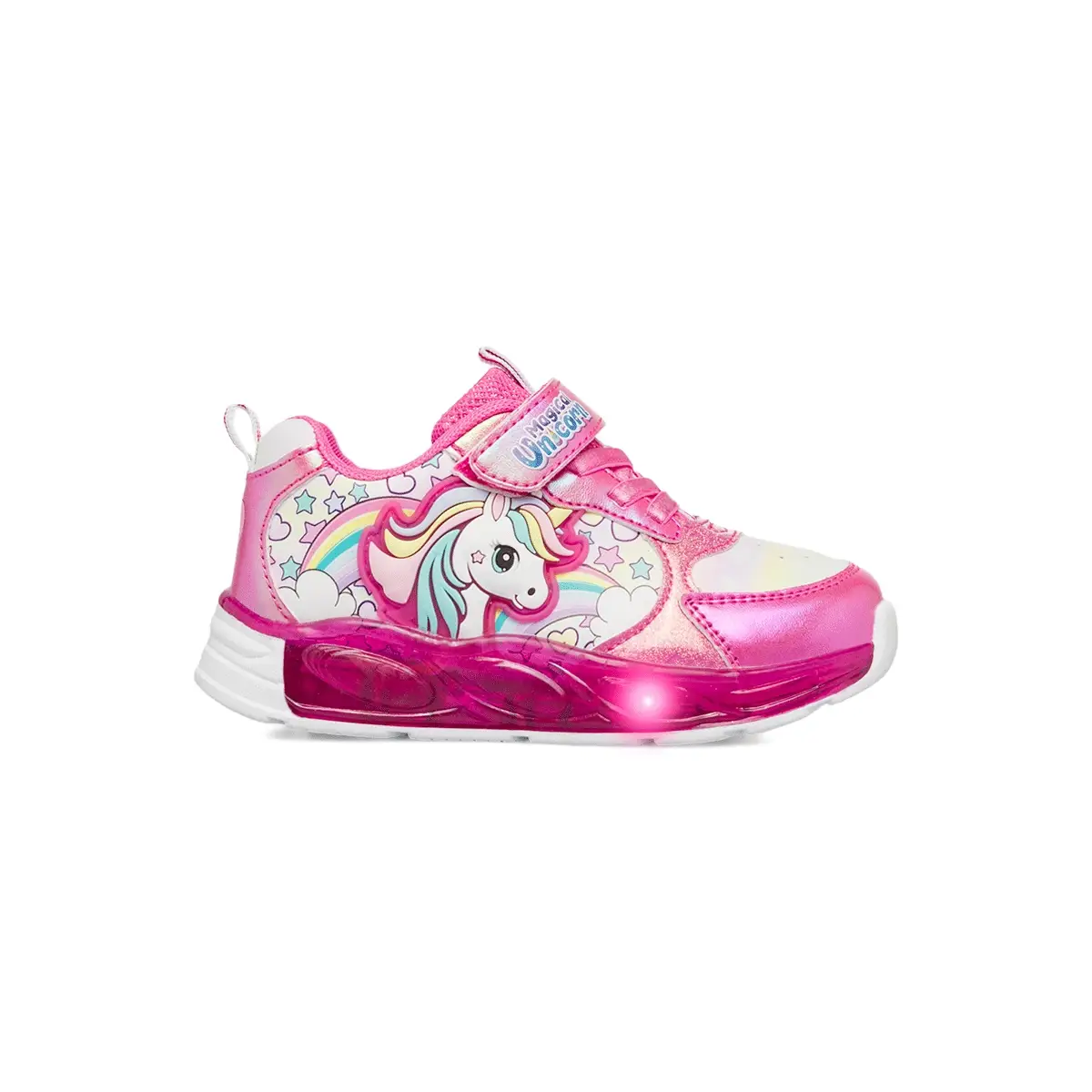 Sneakers Fucsia da Bambina con luci nella suola e glitter e Unicorno