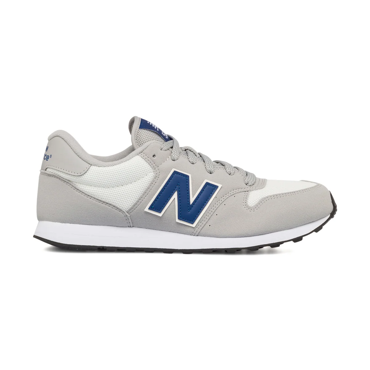 Sneakers grigie e bianche da uomo in mesh traspirante con dettagli blu New Balance 500