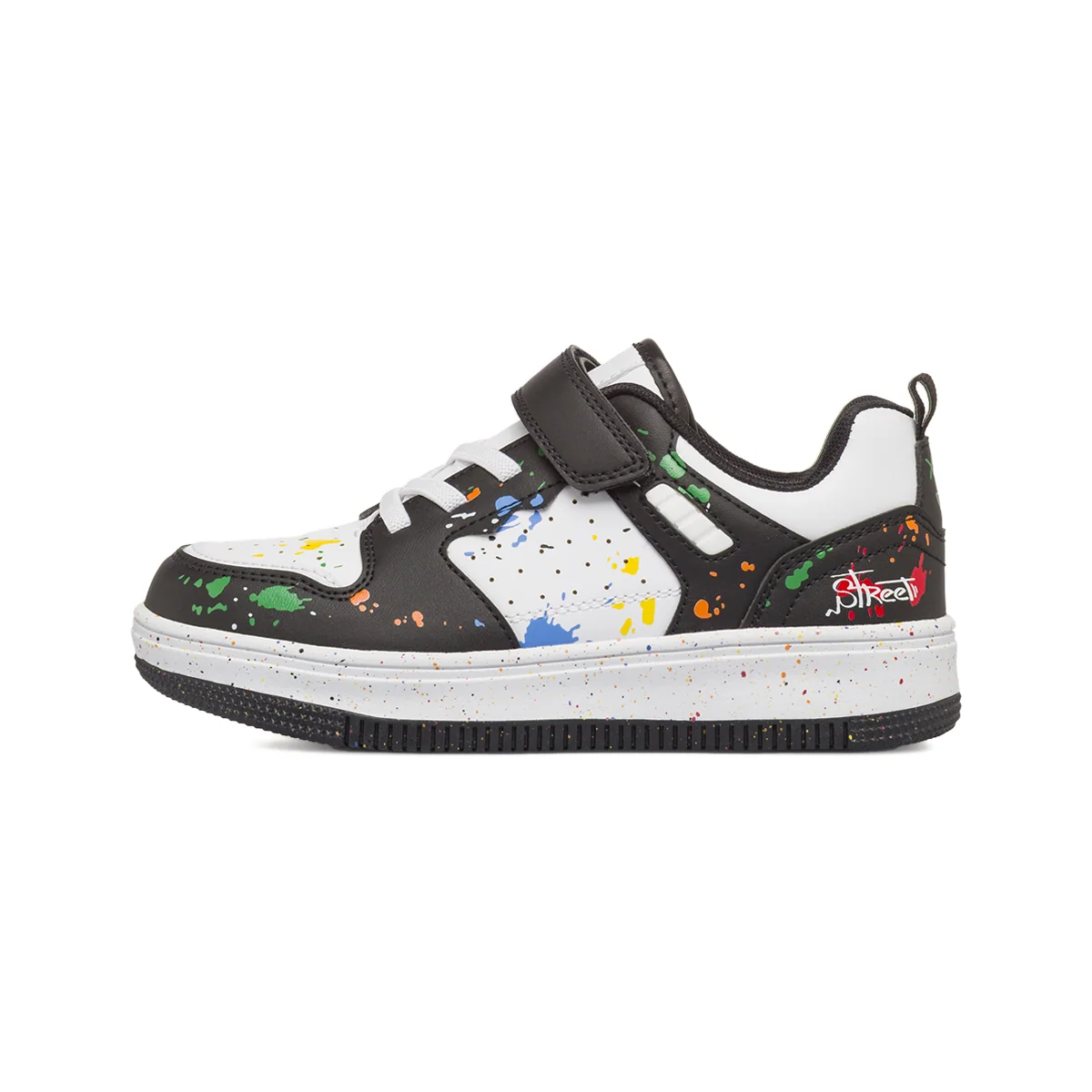 Sneakers nere e bianche con stampe multicolore e strappo Space Boy