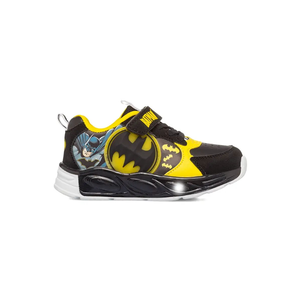 Sneakers Nere e Gialle da Bambino con luci e chiusura strappo Batman
