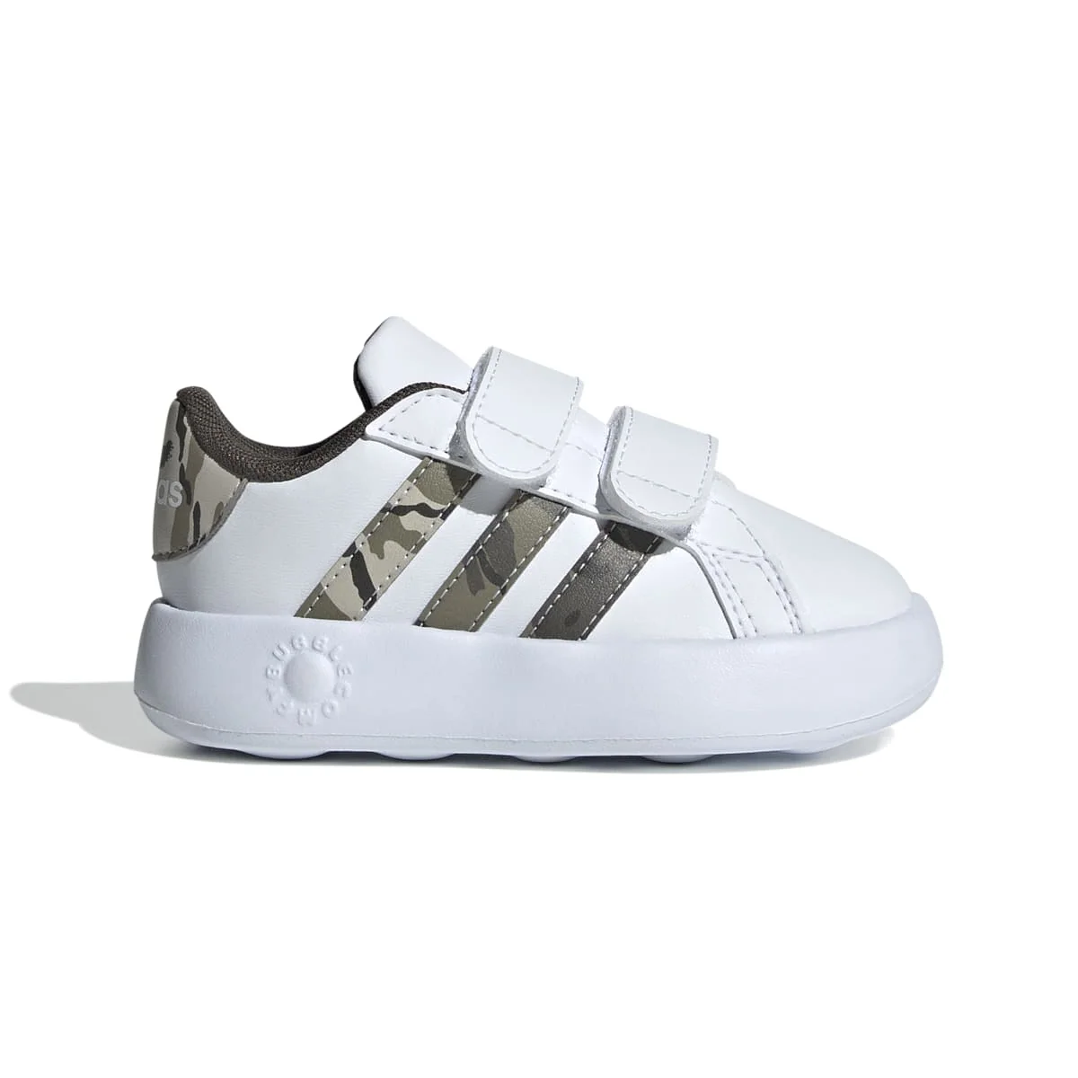 Sneakers primi passi bianche da bambino con strisce verde militare adidas Grand Court 2.0 CF I