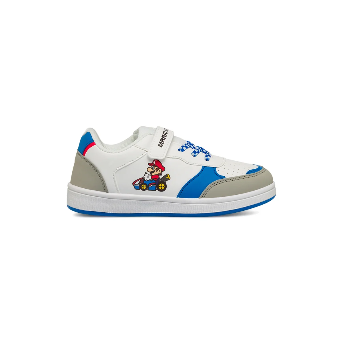 Sneakers primi passi bianche e blu da bambino con logo Super Mario