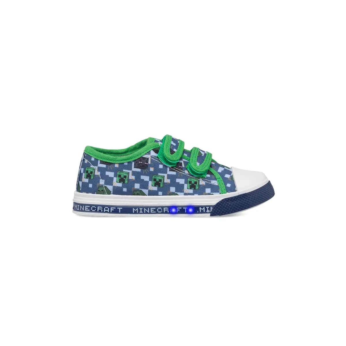 Sneakers primi passi blu da bambino con luci nella suola e stampa Minecraft