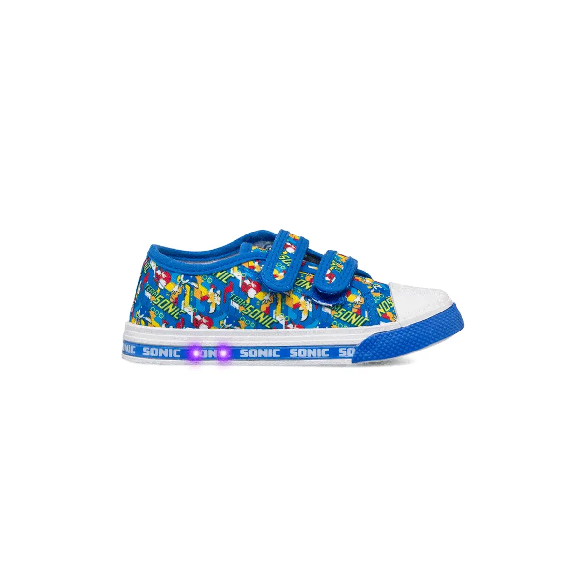 Sneakers primi passi blu da bambino con luci nella suola e stampa Sonic