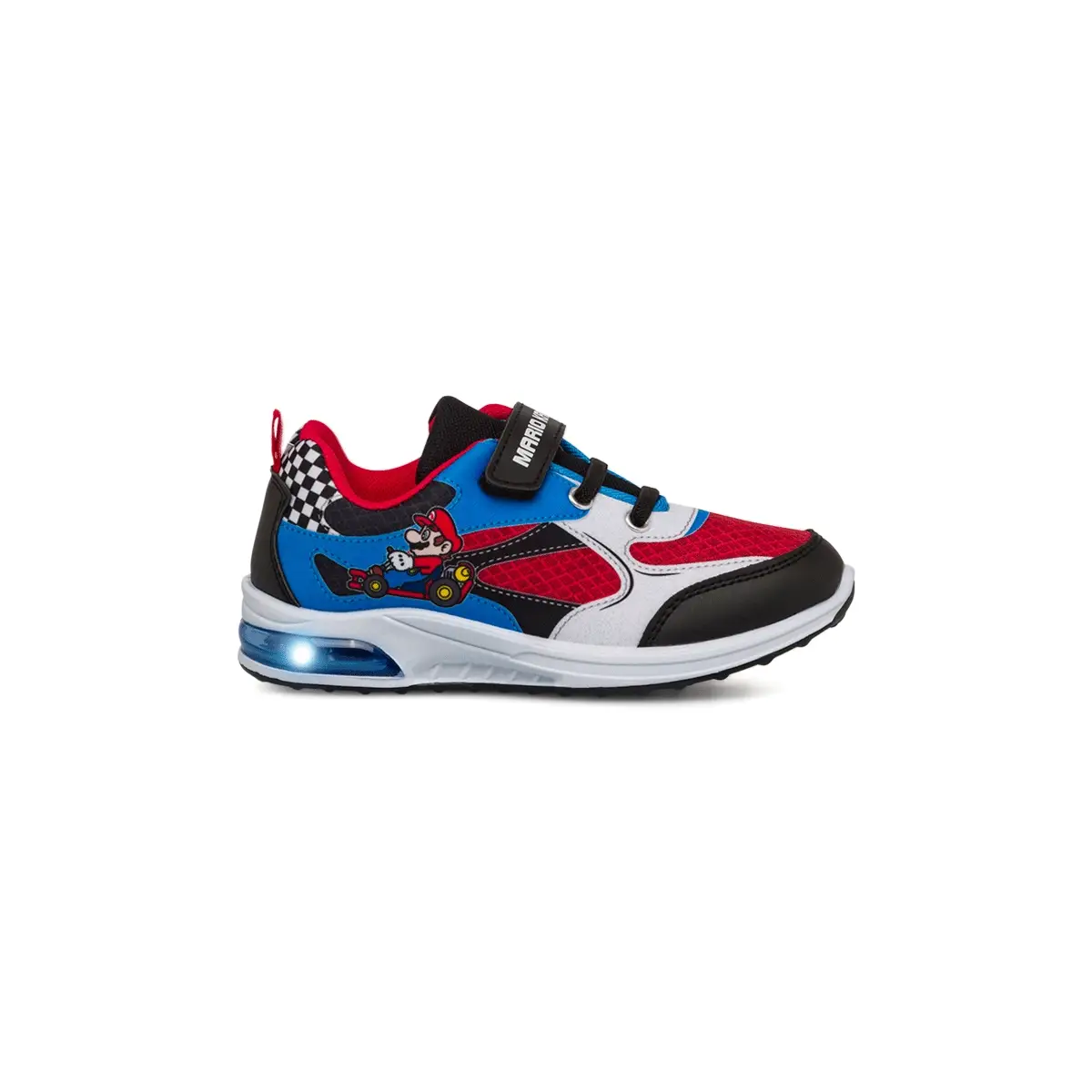Sneakers primi passi blu, rosse e nere da bambino con luci nella suola e logo Super Mario