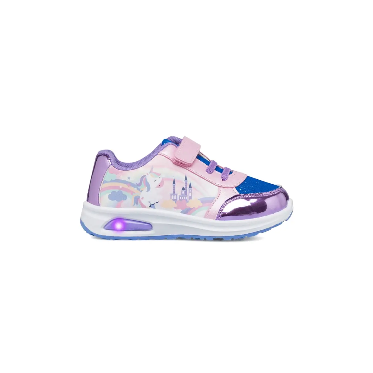 Sneakers primi passi lilla da bambina con luci nella suola e stampa Unicorno