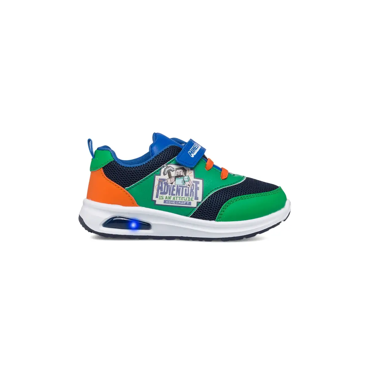 Sneakers primi passi verdi da bambino con luci nella suola e stampa Minecraft