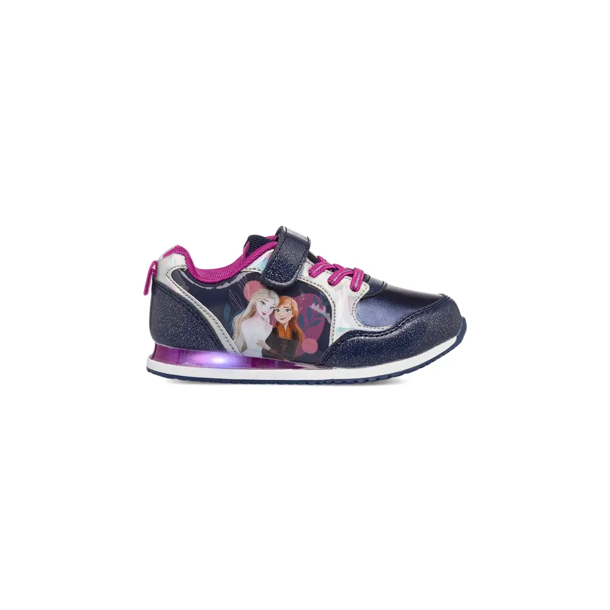 Sneakers primi passi viola da bambina con luci e stampa Elsa e Anna di Frozen