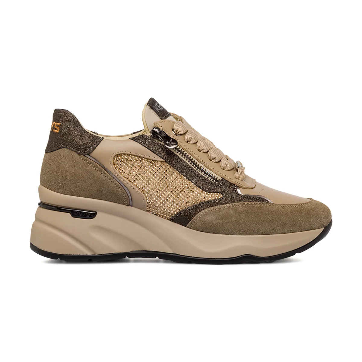 Sneakers Taupe da Donna con zeppa strass ed effetto scamosciato Keys