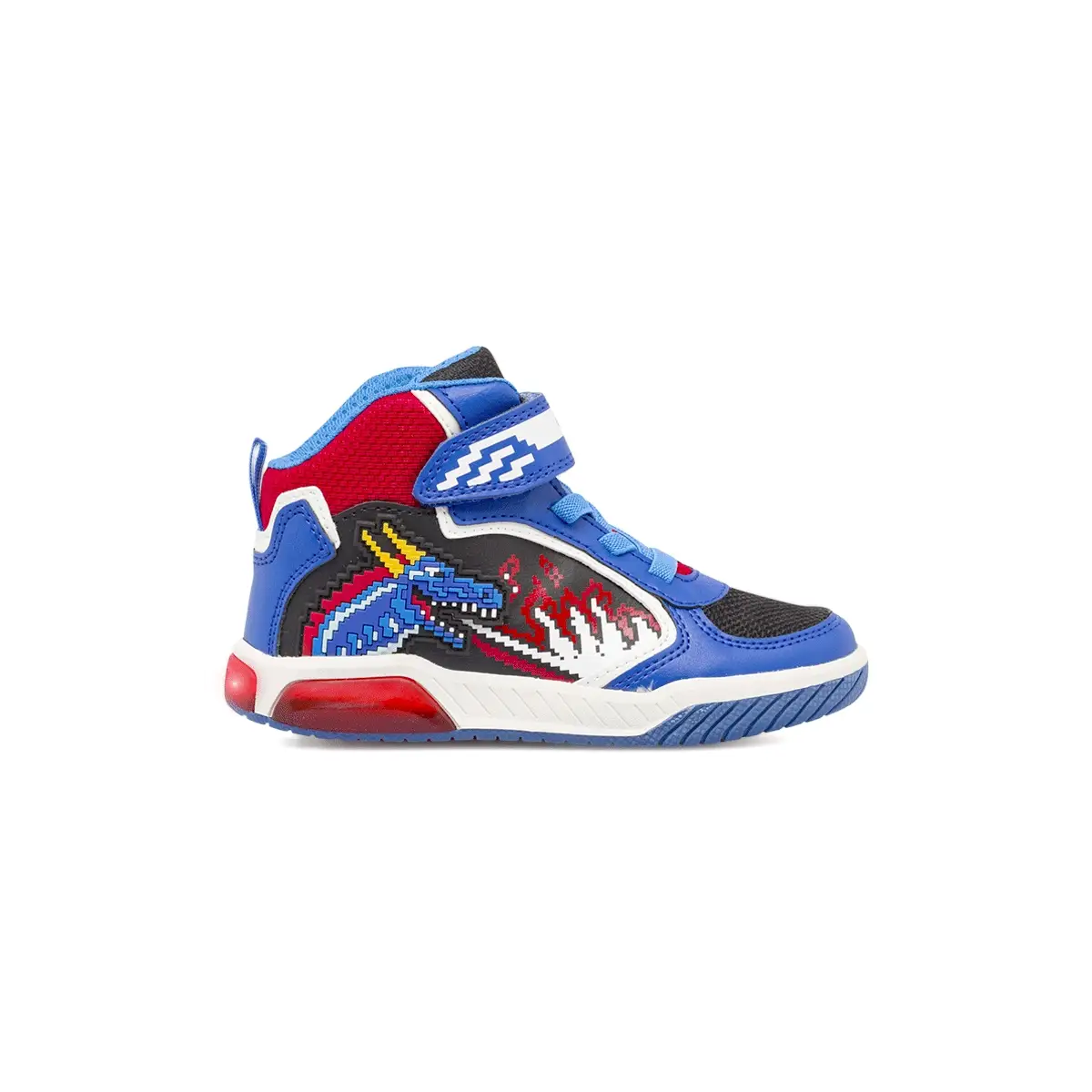 Sneakers traspiranti alte da Bambino blu con dinosauri e luci Geox