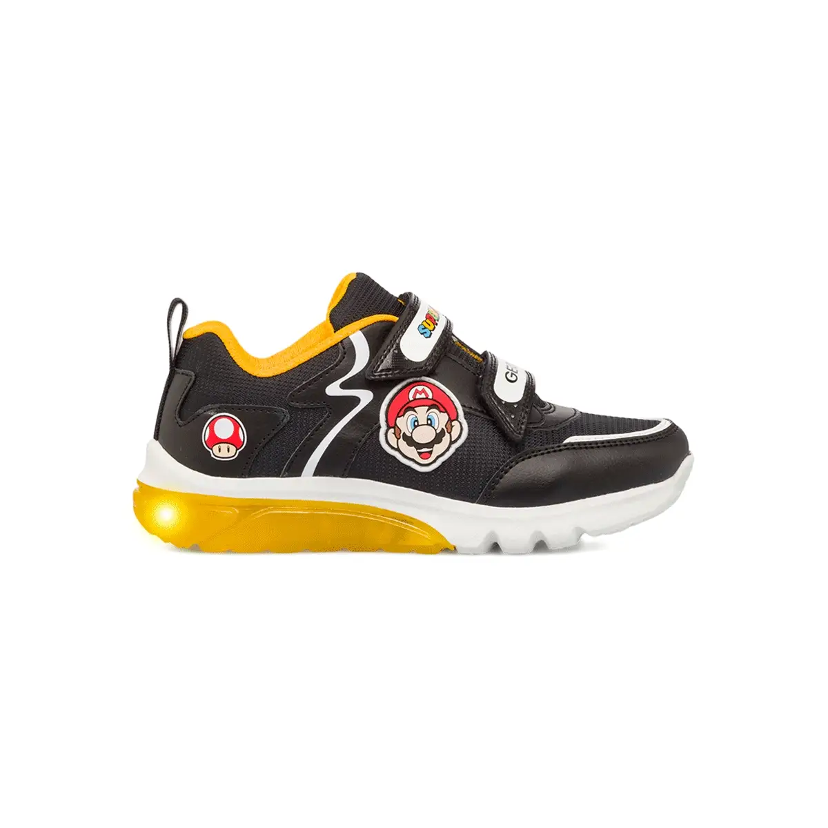 Sneakers traspiranti da ragazzo nere e arancioni con luci Geox Super Mario