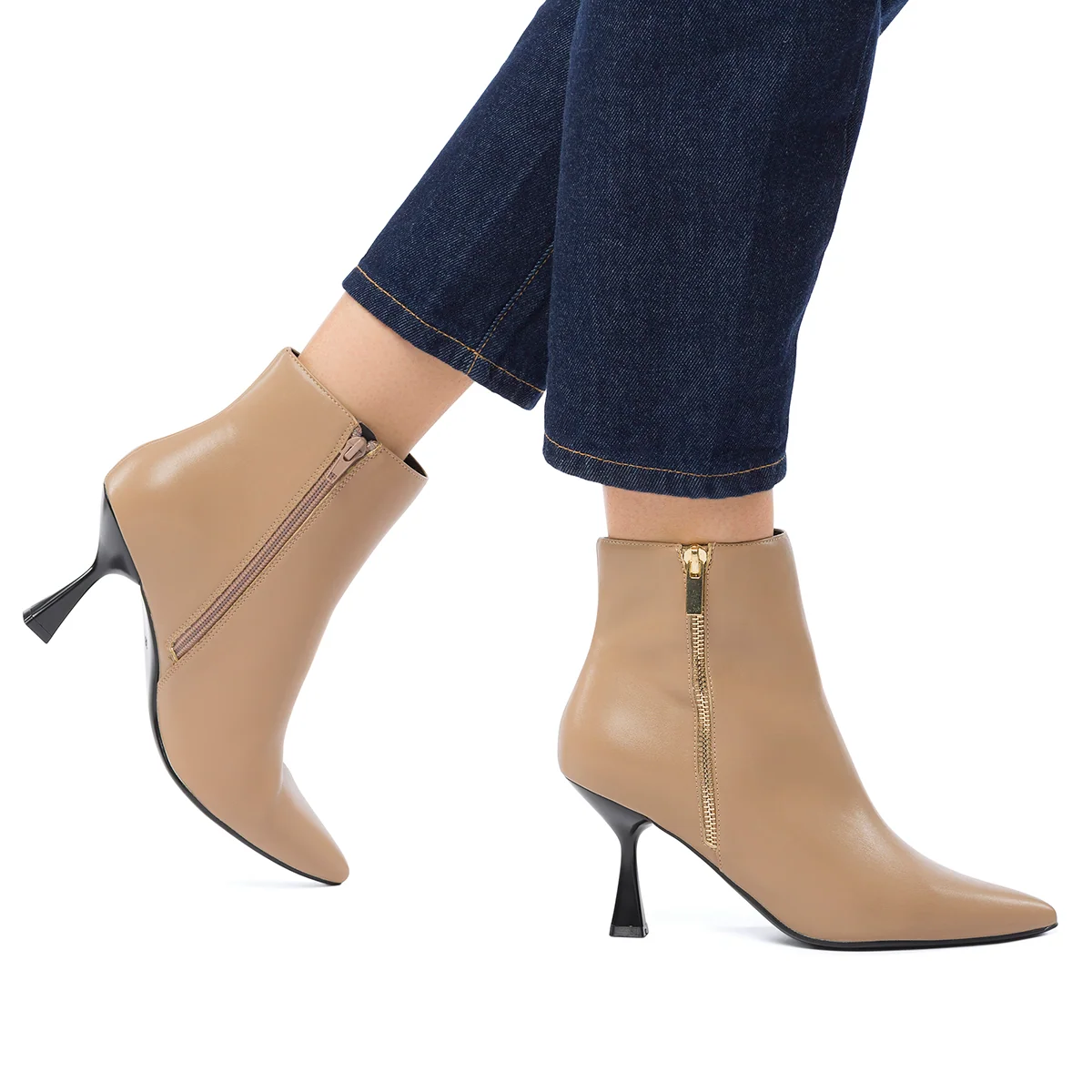Stivaletti beige da donna con tacco a rocchetto 8 cm e zip Lora Ferres