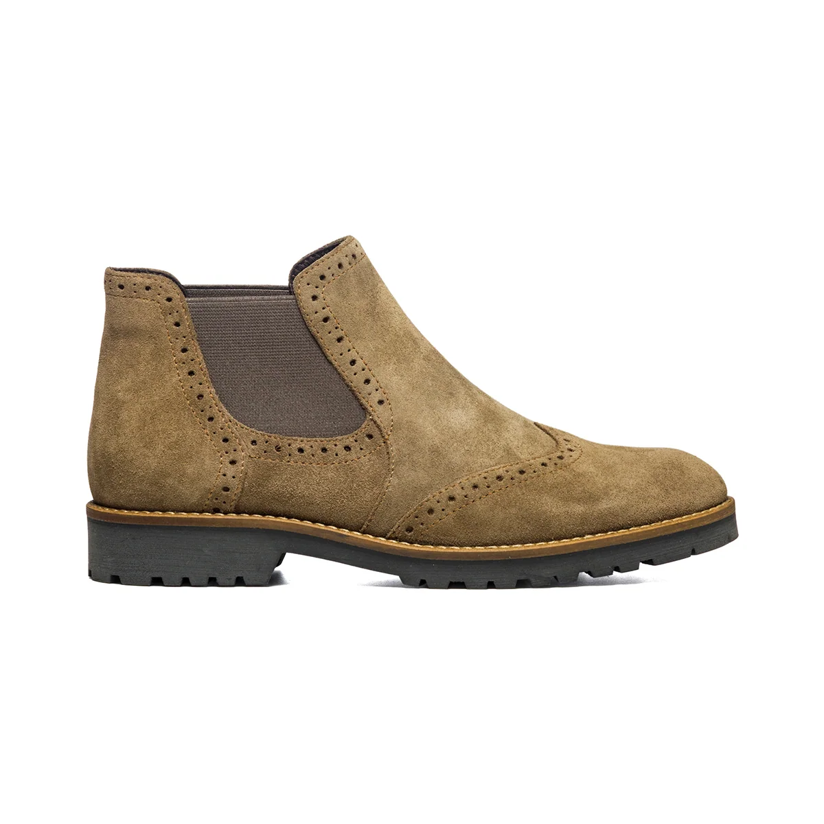 Stivaletti taupe in pelle scamosciata con inserti elastici e dettagli brogue Primopiano