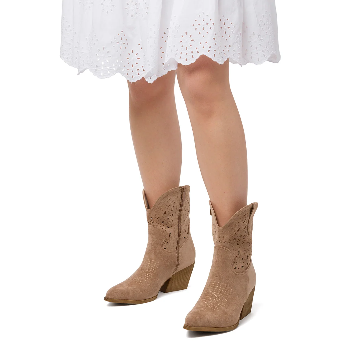 Stivaletti texani camperos khaki da Donna con dettagli traforati e zip laterale Lora Ferres