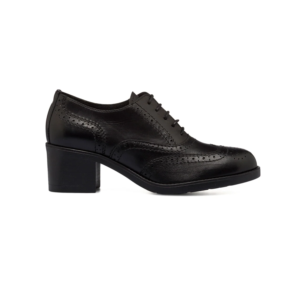 Stringate nere in pelle da donna con dettagli brogue e tacco a blocco 6 cm P Essentials