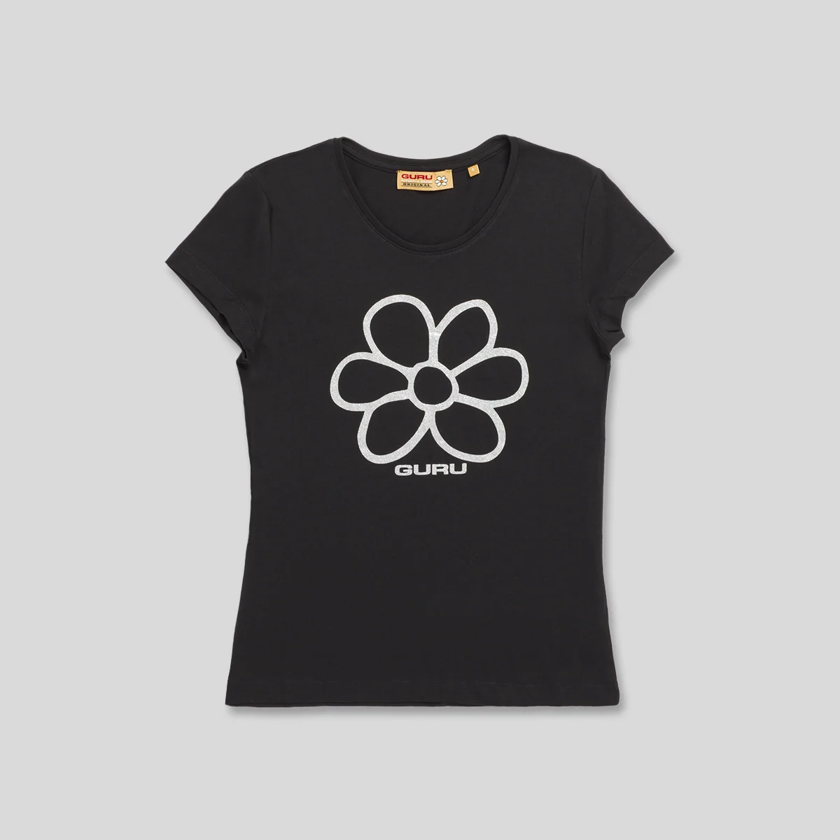 T-shirt a maniche corte da Donna Nera con logo fiore glitter Guru