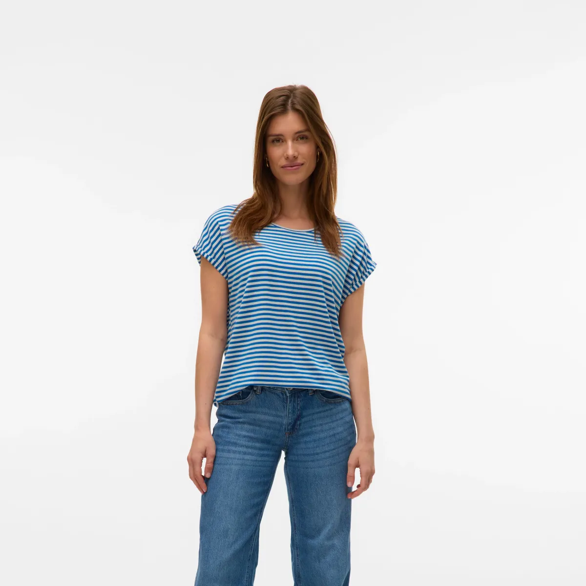 T-shirt casual da Donna blu a righe bianche con girocollo Vero Moda
