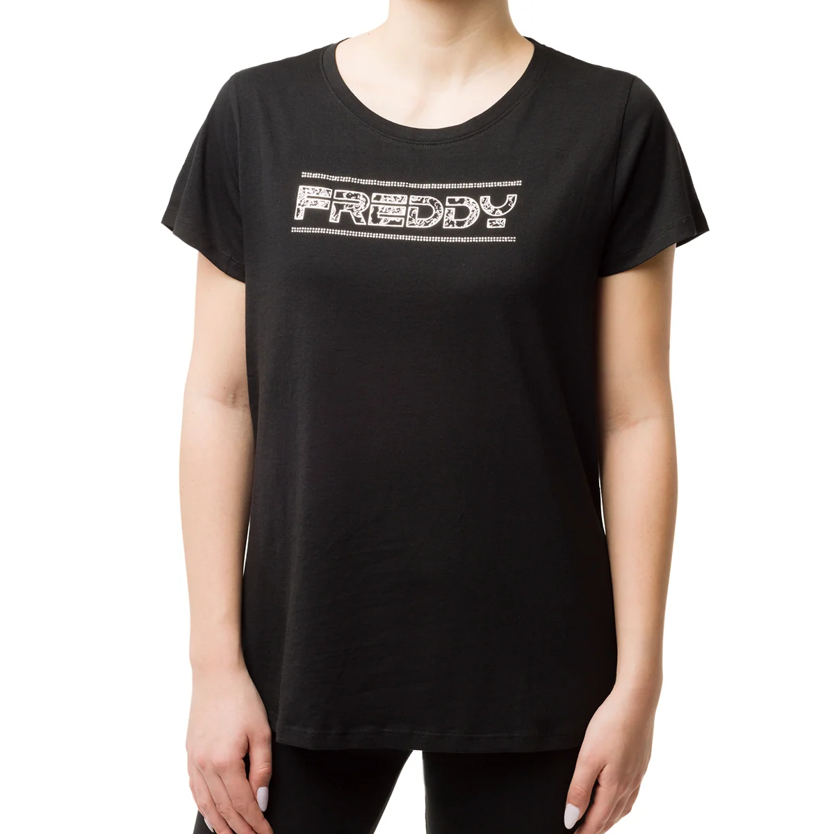 T-shirt nera da donna con logo frontale argento con strass Freddy