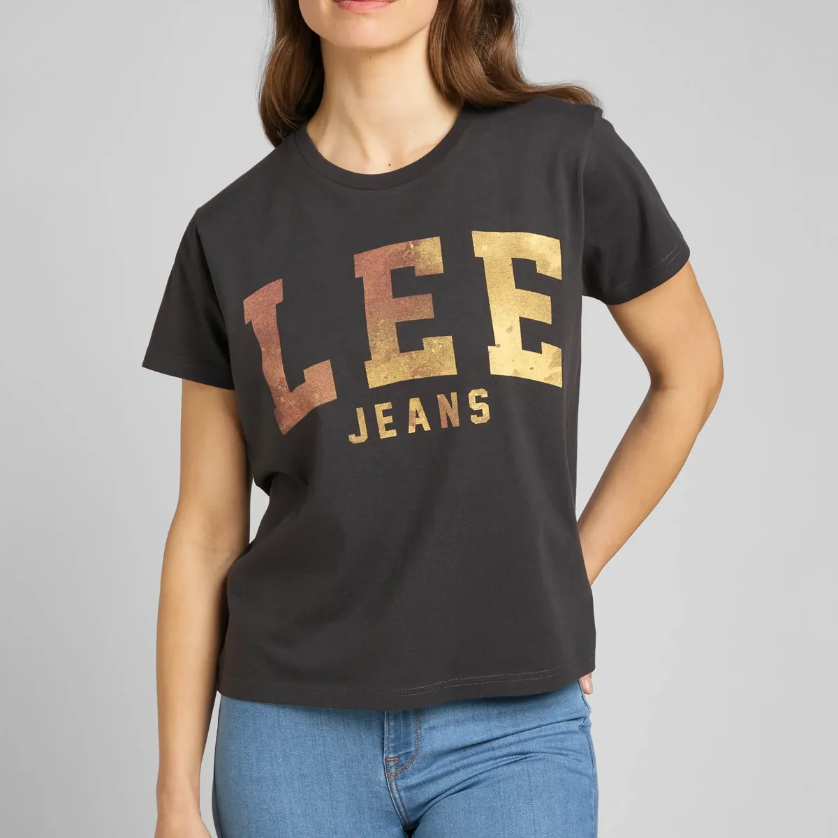 T-shirt nera da donna con logo sul petto Lee Varsity